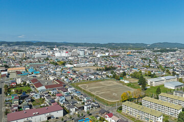 Aerial View of Kitami City 北見市 and Muka River 無加川, Hokkaido 北海道, Japan