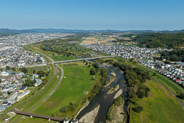 Aerial View of Kitami City 北見市 and Muka River 無加川, Hokkaido 北海道, Japan