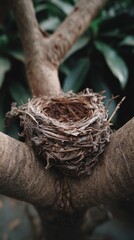 A detailed capture of an empty bird's nest nestled in the branches of a tree