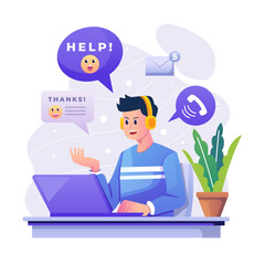 Cartoon Man with Headset at Desk with Laptop Expressing Help and Thanks on Transparent Background