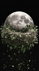 A full moon cradled in a nest of twigs and leaves, floating against a black background