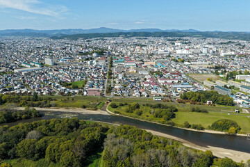 Aerial View of Kitami City 北見市 and Muka River 無加川, Hokkaido 北海道, Japan