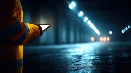 Nighttime industrial worker using tablet in dimly lit warehouse technology urban setting close-up view for safety monitoring