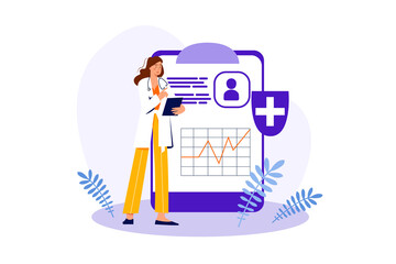 Doctor Examining Medical Report Illustration on Transparent Background with Vitals Signs Graphs and Healthcare Shield in Violet and White Colors