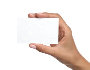 Obraz premium A hand holding a blank, white rectangular card against a white backdrop