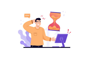 Frustrated Man Watches Hourglass on Transparent Background Deadline Pressure Concept