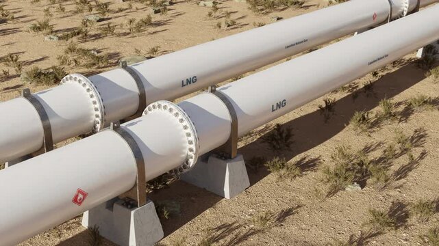 Modern LNG pipelines transporting natural gas across desert terrain. Perfect for projects on energy, industry, and geopolitics. Loop animation, part of collection.