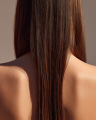 Fototapeta premium Close-up of a model's back and long glossy hair cascading down the spine, captured in warm light to emphasize texture, color, and natural sheen.