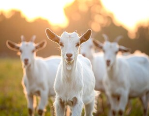 A herd of white goats facing forward in bright sunlight