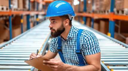 Warehouse employee conducting inventory review distribution center photography industrial environment close-up workplace efficiency