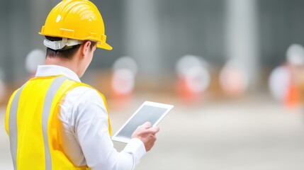 Construction worker using tablet for project management construction site digital workflow urban environment close-up view efficiency
