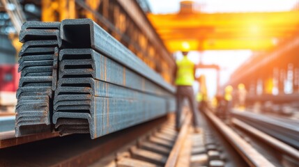 Construction workers handling steel rails at industrial site under bright sunlight
