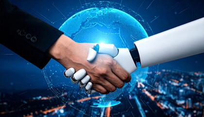 Human and robotic hands clasping over digital globe &ndash; AI partnership in cybersecurity