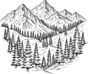 Monochrome Mountain Range Landscape with Evergreen Trees Illustration 2.