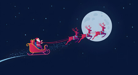 Creative minimalist Christmas illustration of Santa Claus riding a sleigh pulled by two reindeer across the night sky under a glowing full moon