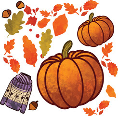 Autumn seamless pattern with bright autumn leaves and pumpkins. Vector. Seamless pattern of colorful pumpkins. Flat style. Vector illustration. pumpkins seamless pattern. Ornamental natural design.