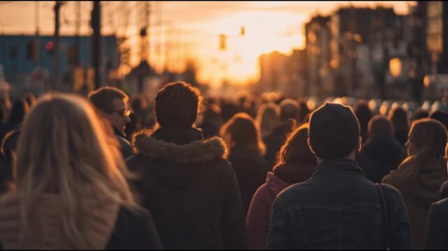 A dramatic sunset illuminates a crowd of people walking through a bustling city street, tall skyscrapers towering above, silhouettes facing forward, capturing the essence of urban life