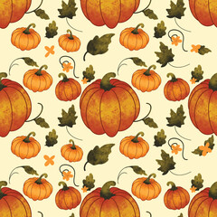 Autumn seamless pattern with bright autumn leaves and pumpkins. Vector. Seamless pattern of colorful pumpkins. Flat style. Vector illustration. pumpkins seamless pattern. Ornamental natural design.