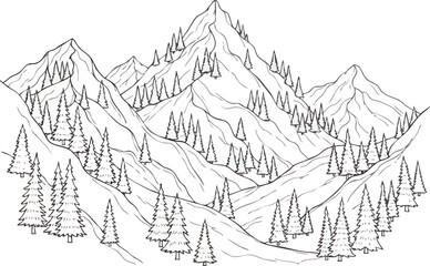 Mountain Range Landscape with Pine Trees Illustration.