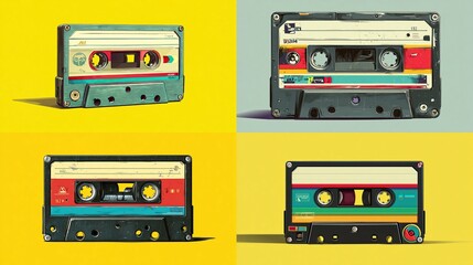 Fototapeta premium Four colorful cassette tapes, each on a differently colored background, showcase vintage audio technology
