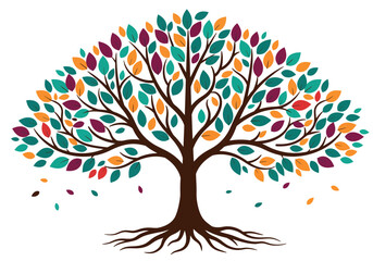 Naklejka premium Tree of life with leaves, vector illustration of a colorful tree with roots