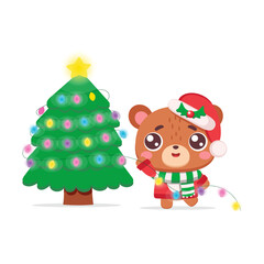 Cute bear in Santa hat decorating Christmas tree with glowing garland, festive illustration for holiday cards, decor and design
