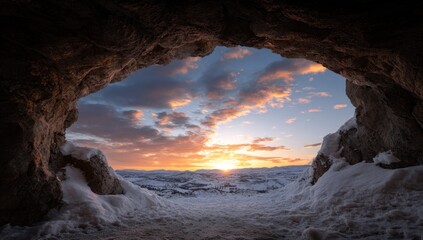 View of sunset from within a snow-lined cave, contrasting light and dark, outdoors