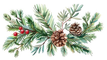 Fototapeta premium Green fir branches illustration decoration watercolor.