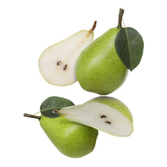 Fresh green pears flying in air on white background