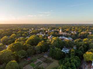 Sunset Drone Images and 4K Video of Downtown Wake Forest North Carolina, Including the Historic District and The Southeastern Baptist Seminary.