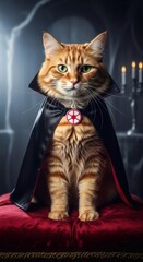 An imposing whiskered feline in a noble vampire costume sits regally on a velvet cushion in a dark, gothic setting
