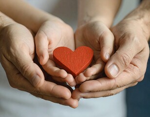 赤いハートを両手に包む子供の手と両親の手