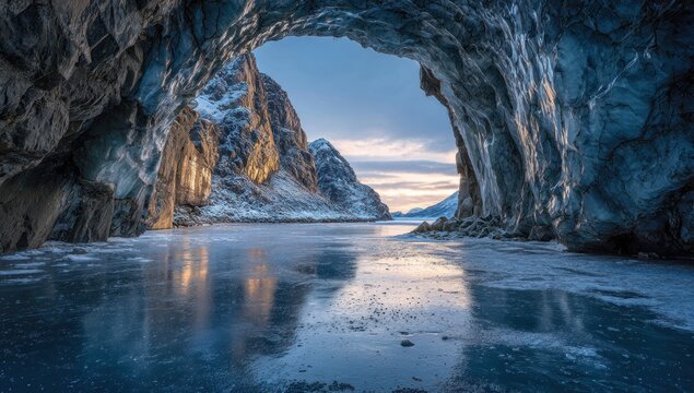 A glacial cave opening to a snow-dusted mountain range, reflected on a frozen lake