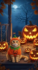 Adorable Whiskered Feline in Pumpkin Costume Celebrates Spooky Halloween Night Among Glowing Jack-o'-Lanterns on a Mystical Porch Under a Full Moon