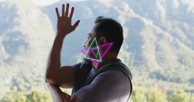 At start man pulsing neon triangles contracting around head as he raising arm showcasing overlay