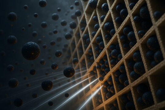 Microscopic 3D Render of Diesel Particulate Filter Trapping Soot Particles