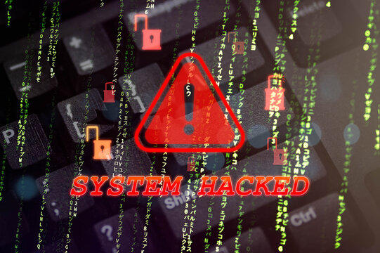 Cybersecurity concept image showing a hacked system alert with red warning sign, padlock icons, and digital code overlay, ideal for illustrating data breaches or system vulnerabilities.