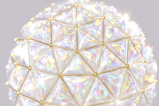Faceted sphere with gold connectors; shimmering light reflections