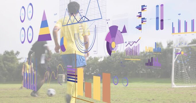 Soccer player receiving pass outrunning defender with chart overlay scoring header