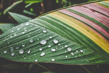 Raindrops on striped, green leaf