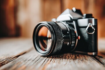 Black SLR camera with large lens on a weathered wooden surface