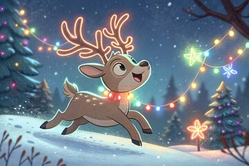 Fototapeta premium Cute Cartoon Flying Reindeer – Neon Glowing Outline