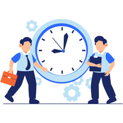 Clock Graphic Illustration with Two Men in Suits and Gears on Transparent Background Time Management Concept