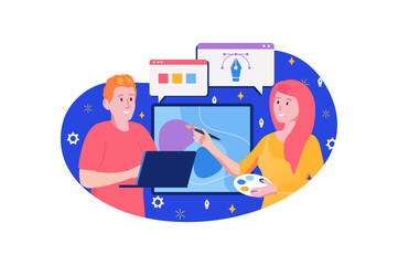 Creative Design Studio Collaboration With Man Using Laptop And Woman Painting on Transparent Background
