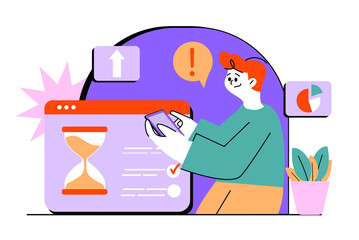 Deadline Concept Sand Timer and Web Page with Rising Arrow and Man Holding Phone on Transparent Background Flat Style Design