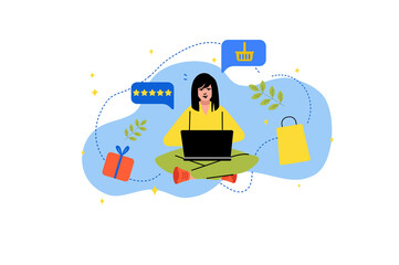 Digital Shopping Woman Sits with Laptop on Blue Abstract Background with Gift Review Card and Shopping Cart Icon Pixelated Style Illustration
