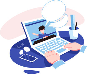 Online Classmeet Illustration with Laptop Screen Showing an Instructor on Blue Desk with Speech Bubbles, Cellphone and Tools on Transparent Background