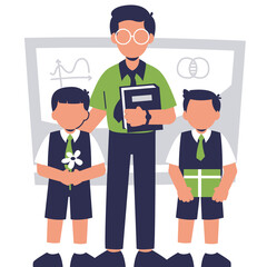 Illustration of Teacher with Two Students in Uniform in Front of Whiteboard with Math Equations on Transparent Background Colorful Vector Graphic