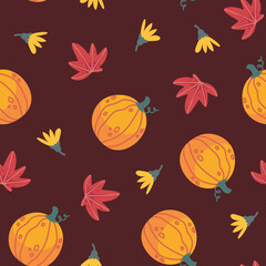 Autumnal Pixel Art Seamless Pattern with Pumpkins Maple Leaves and Yellow Flowers on a Dark Brown Background for Textile and Decorative Design
