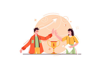 Animated Business Team High Fiving Beside a Golden Trophy Against Decorative Beige Background Illustration of Celebration and Success